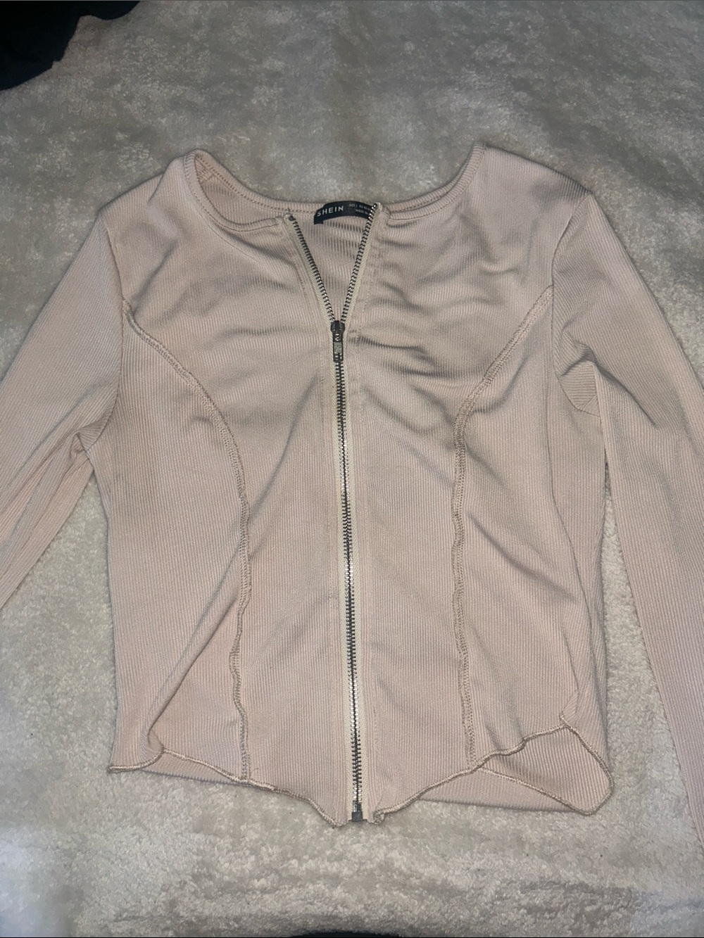 SHEIN Light Pink Ribbed Zip-Up Long Sleeve Top
